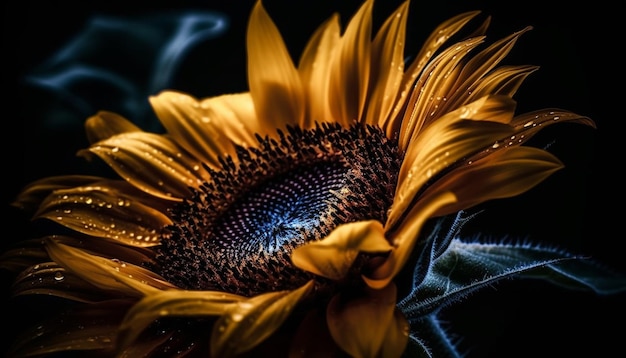 Gratis foto heldergele zonnebloem met dauwdruppels op bloemblaadjes gegenereerd door ai