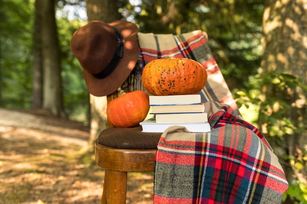 Herfst arrangement met deken en boeken op stoel