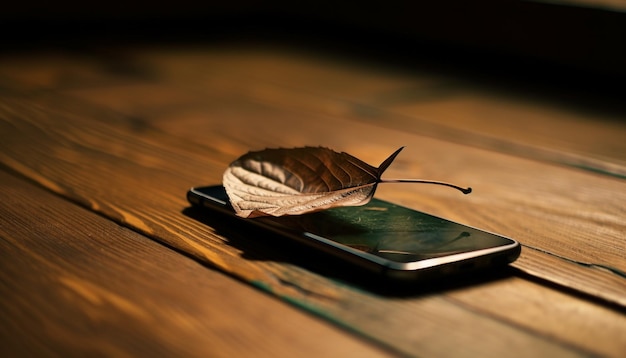 Herfst houten plank tafel met mobiele telefoon gegenereerd door AI