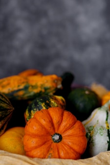 Herfst pompoen thanksgiving achtergrond - oranje pompoenen over zwarte tafel