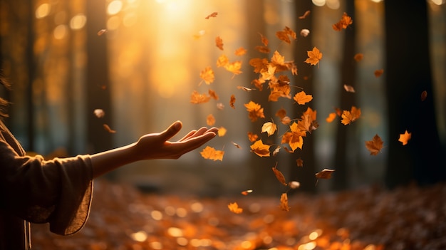 Gratis foto herfstlandschap met persoon en bladeren