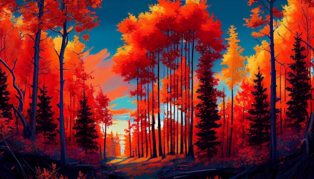 Herfstzonsondergang over kleurrijk bos geschilderd beeld gegenereerd door AI