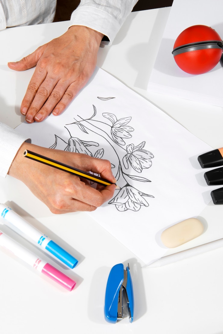 Gratis Foto het arrangementstilleven van illustrator-hulpmiddelen