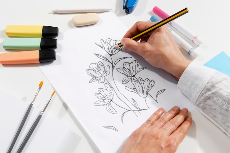 Gratis Foto het arrangementstilleven van illustrator-hulpmiddelen