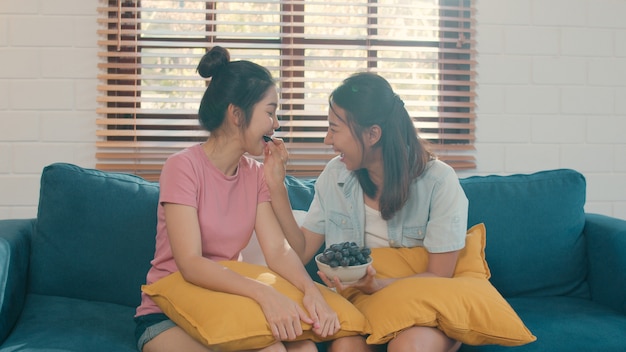 Het Aziatische Lesbische lgbtq vrouwenpaar eet thuis gezond voedsel