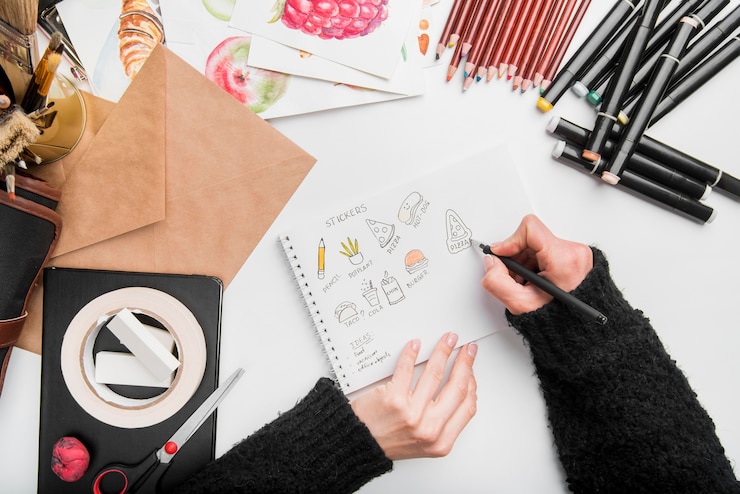 Gratis Foto het bureauconcept van de close-upkunst met tekening
