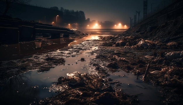 Gratis foto het donkere winterlandschap weerspiegelt de industriële dominantie van de mens, gegenereerd door ai