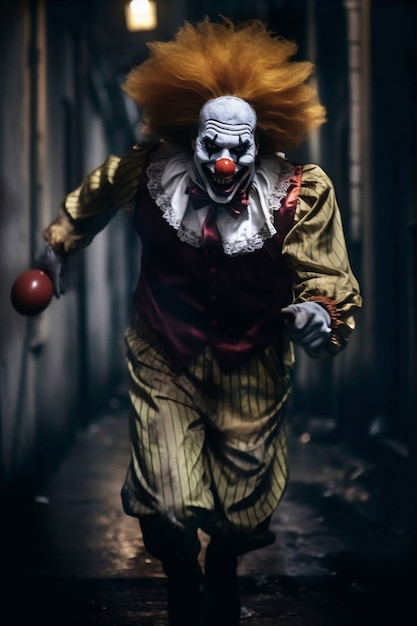 Het gezicht van de angstaanjagende clown die loopt