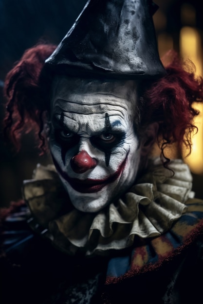 Het gezicht van een angstaanjagende clown met angstaanjagerende make-up