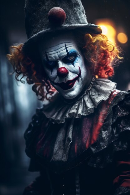 Het gezicht van een angstaanjagende clown met angstaanjagerende make-up