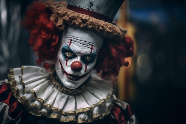 Het gezicht van een angstaanjagende clown met angstaanjagerende make-up