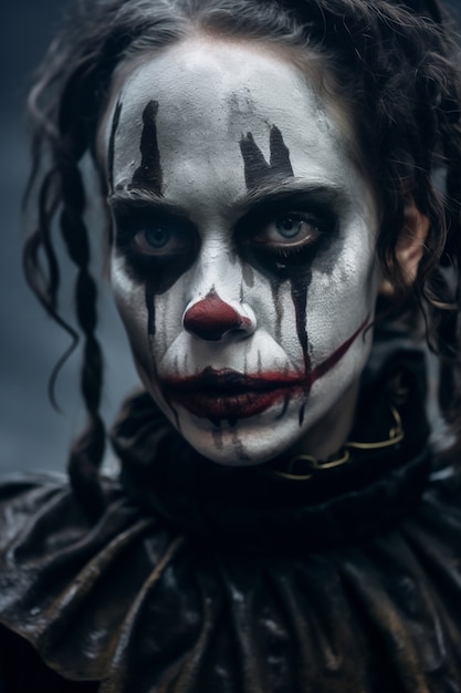 Gratis foto het gezicht van een angstaanjagende clown met angstaanjagerende make-up