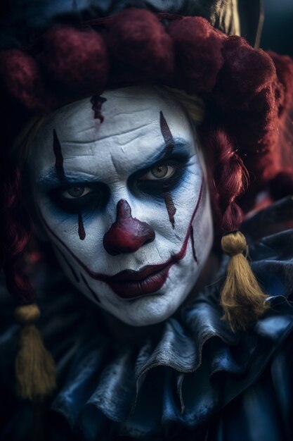 Het gezicht van een angstaanjagende clown met angstaanjagerende make-up