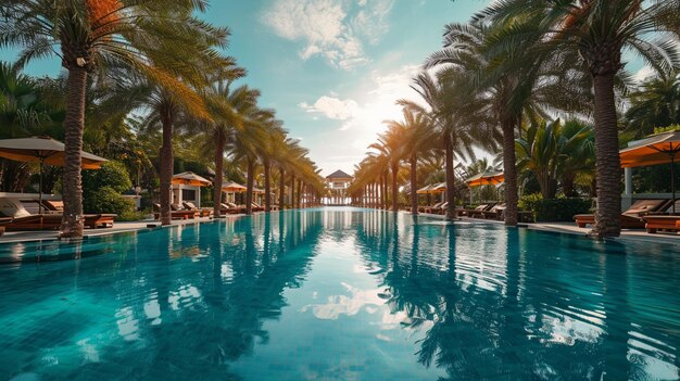 Het glinsterende oppervlak van een luxueus zwembad omgeven door palmbomen en ligstoelen