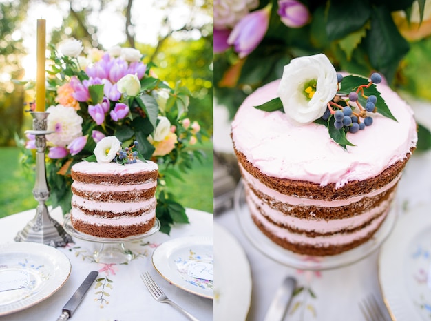 Het huwelijkslijst van het landschap met cake in de verse lucht