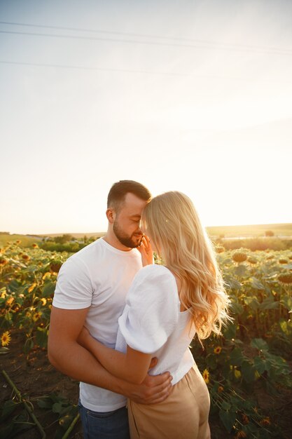 Het jonge liefdevolle paar kust in een zonnebloemgebied. Portret van paar poseren in de zomer in veld.