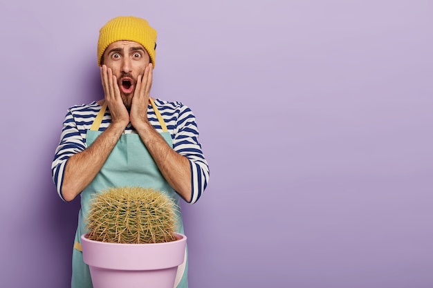 Het knappe verbijsterde tuinman stellen met een grote ingemaakte cactus