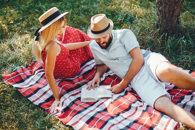 Het mooie paar brengt tijd door in een de zomerpark