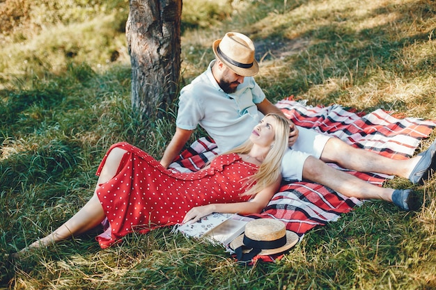 Het mooie paar brengt tijd door in een de zomerpark