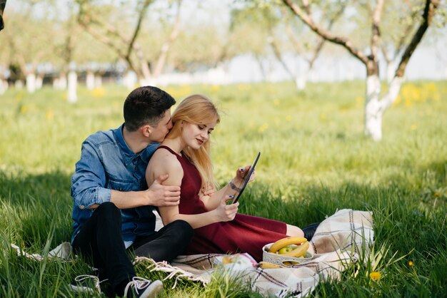 Het mooie paar brengt tijd door in een de zomerpark