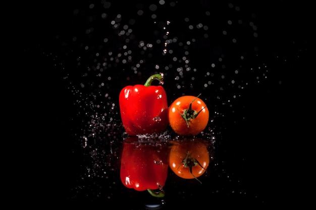 Het papier en de tomaat staan ​​op de zwarte achtergrond