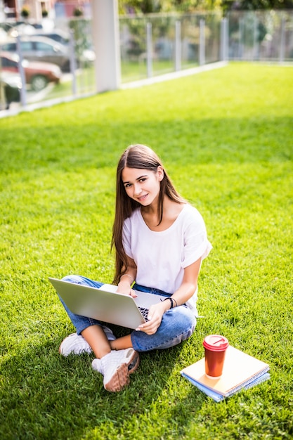 Het portret van aantrekkelijke jonge vrouwenzitting op groen gras in park met benen kruiste tijdens de zomerdag terwijl het gebruiken van laptop