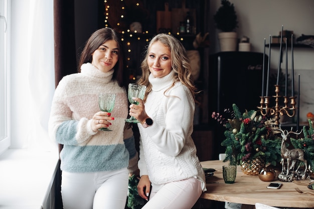 Het portret van aantrekkelijke Kaukasische vriendinnen viert samen bescheiden het nieuwe jaar