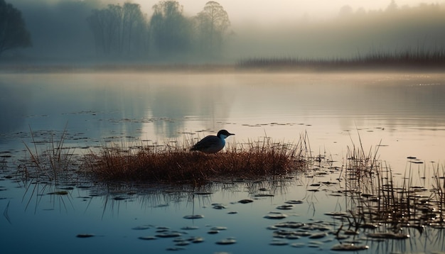 Het silhouet reflecteert op de natuurlijke schoonheid van een rustige vijver, gegenereerd door ai