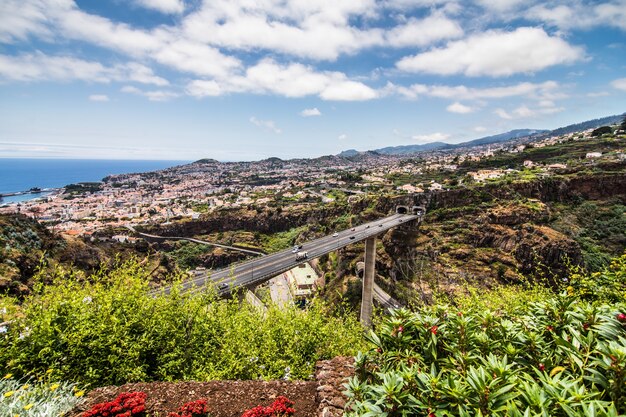 Het typische landschap van het eiland Madeira, Portugal, panorama uitzicht op de stad Funchal vanuit de botanische tuin