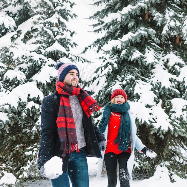 Het vrolijke paar spelen in de winterhout