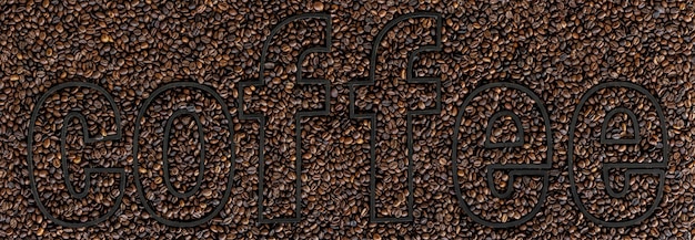 Gratis foto het woord koffie op een achtergrond van koffiebonen verspreid over het oppervlak