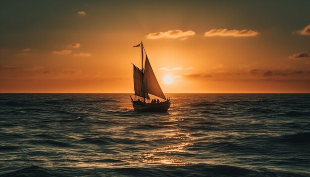 Het zeilbootsilhouet weerspiegelt de schoonheid van de zonsondergang op het water gegenereerd door AI