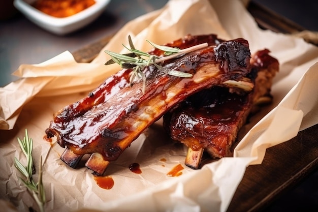 Hete gegrilde spareribs met barbecuesaus op verfrommeld papier AI generatief