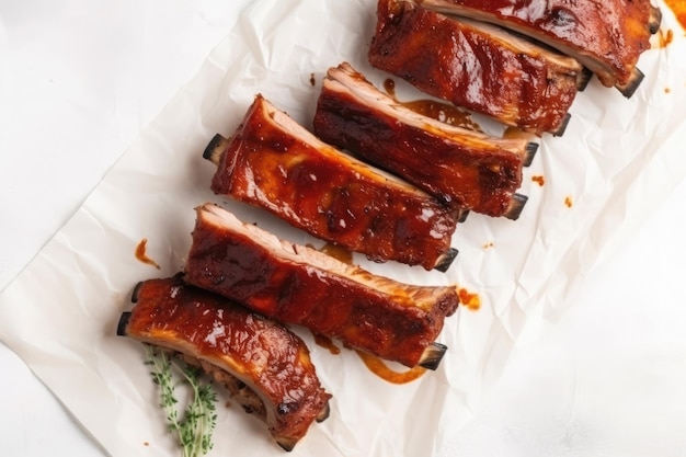 Hete gegrilde spareribs met barbecuesaus op verfrommeld papier bovenaanzicht ai generatief