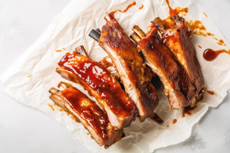 Gratis Foto hete gegrilde spareribs met barbecuesaus op verfrommeld papier bovenaanzicht ai generatief
