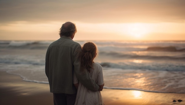 Gratis foto heteroseksueel paar omhelzen elkaar bij zonsondergang op het strand gegenereerd door ai