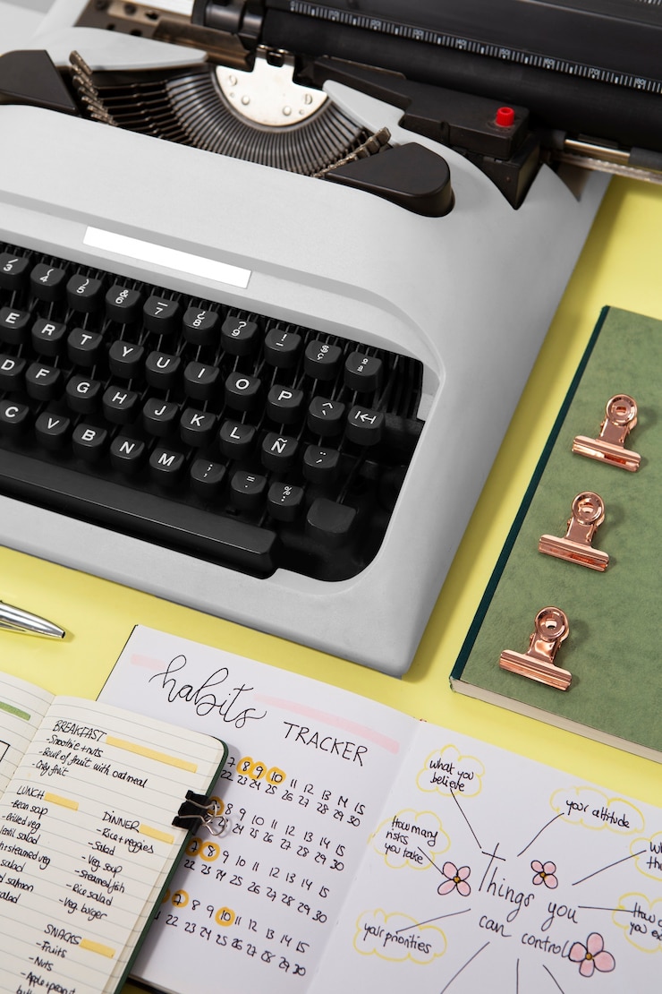 Gratis Foto hoge hoek bullet journal en bureaubenodigdheden