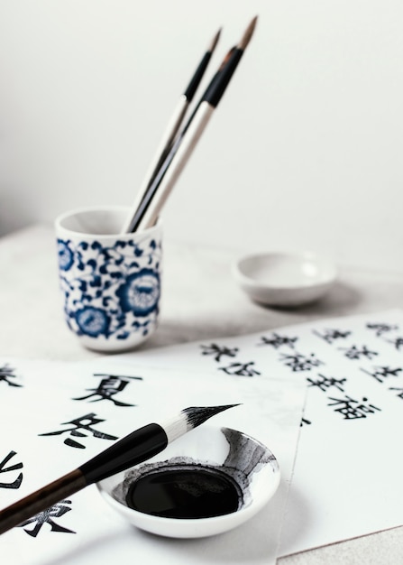 Gratis foto hoge hoek chinese inkt elementen arrangement