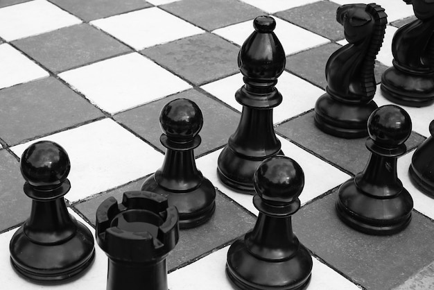 Hoge hoek grijsschaal shot van de grote schaakstukken op het schaakbord