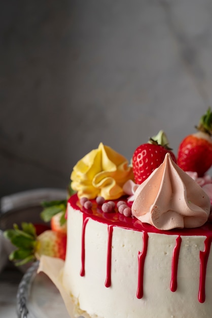 Hoge hoek heerlijke cake met aardbeien