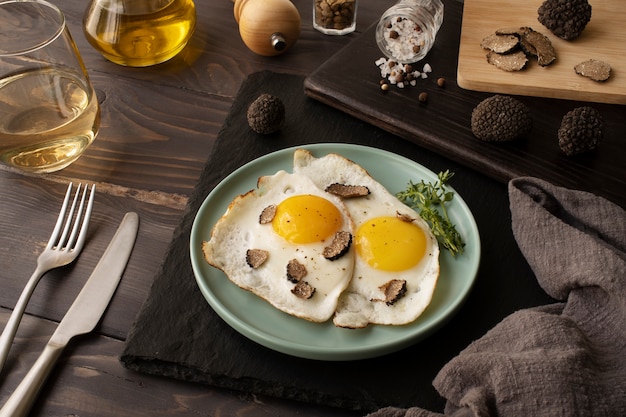 Hoge hoek heerlijke eieren en truffels