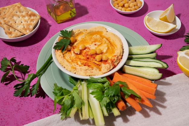 Hoge hoek hummus en groenten hoge hoek