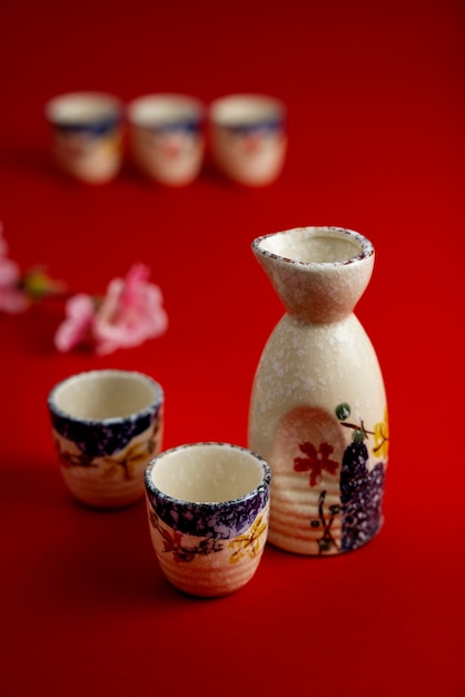 Gratis foto hoge hoek japanse kopjes en flessenassortiment