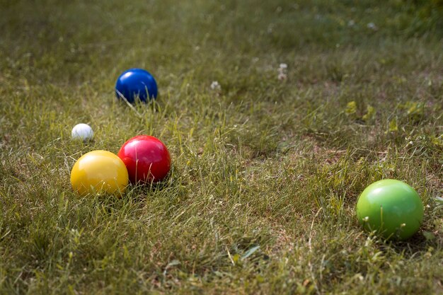 Hoge hoek kleurrijke ballen regeling op gras
