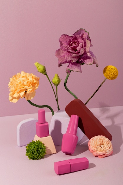 Hoge hoek roze cosmetische containers