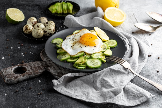 Hoge hoek smakelijke verse salade op donkere plaat