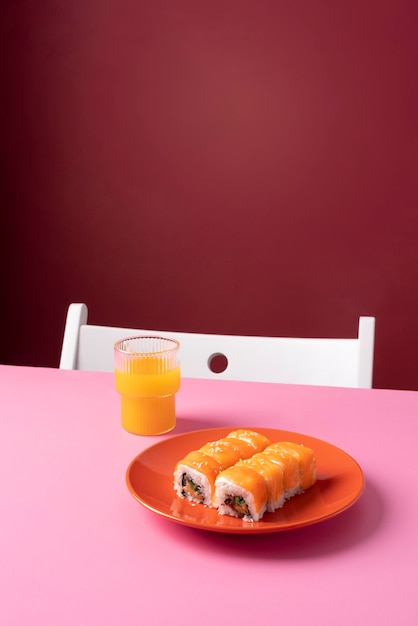 Gratis foto hoge hoek sushi en sap