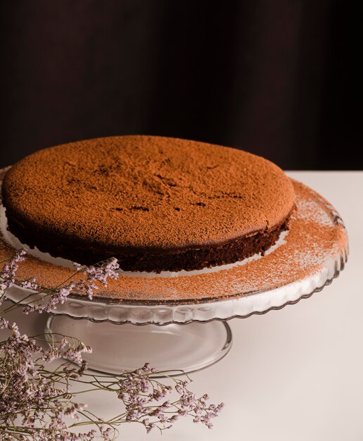 Hoge hoek van cake met cacaopoeder bovenop