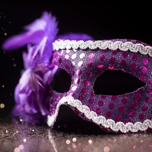 Hoge hoek van carnaval masker met veren en glitter