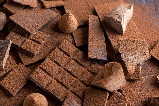 Hoge hoek van chocolade met snoep en cacaopoeder